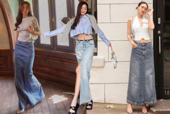 7 cách phối chân váy denim dáng dài của các người đẹp Việt