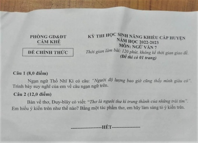 Tranh cãi đề thi học sinh giỏi ngữ văn lớp 7 khó như cấp quốc gia-1