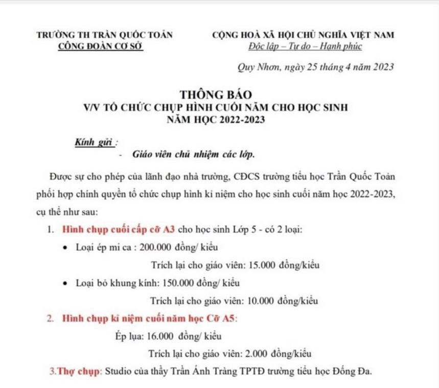 Trường trích tiền chụp ảnh của học sinh cho giáo viên 15 nghìn đồng/kiểu-1