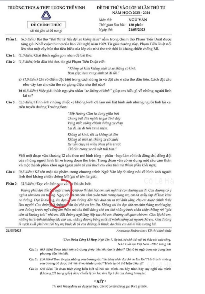 Xôn xao đề thi Văn ngôn từ nhạy cảm: Trường Lương Thế Vinh nói gì?-1