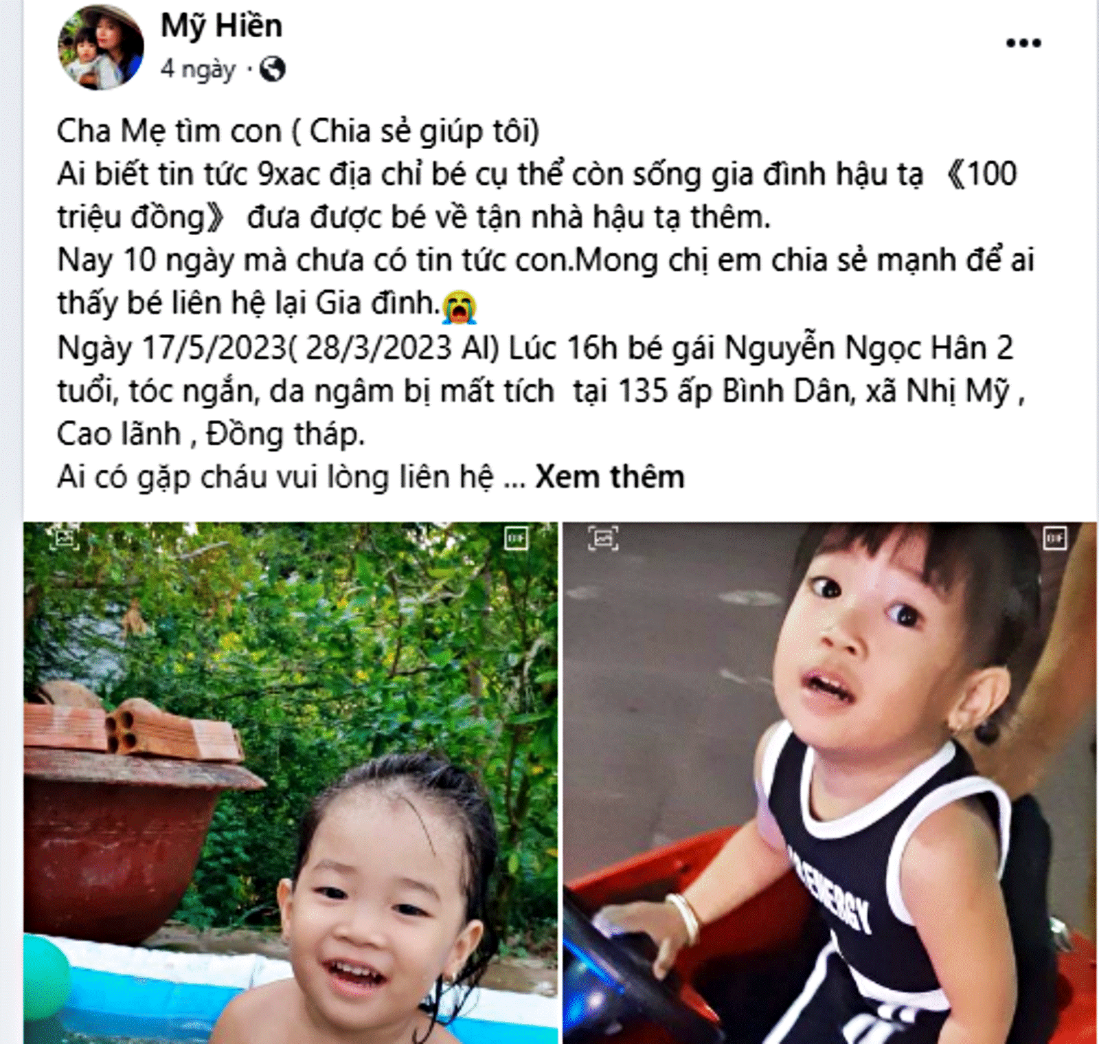 Vợ chồng Đồng Tháp treo thưởng 100 triệu đồng tìm con gái 2 tuổi mất tích-1