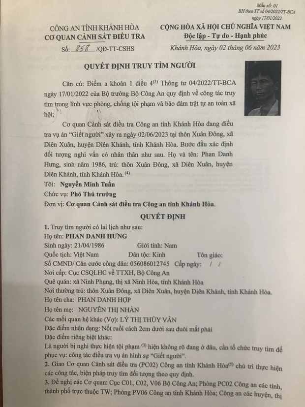Án mạng kinh hoàng ở Khánh Hòa: Công an ra quyết định truy tìm nghi phạm-2