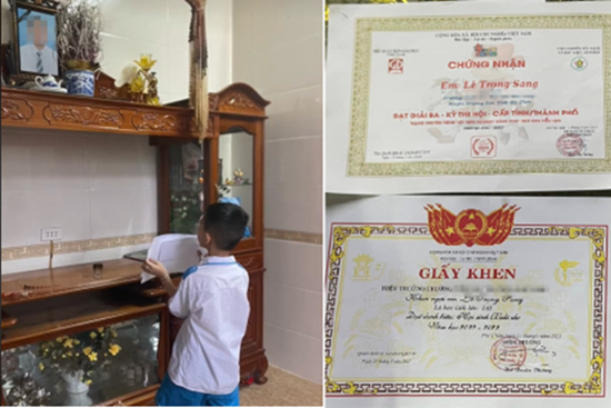 Rơi nước mắt cảnh cậu bé lớp 1 khoe giấy khen trước di ảnh người bố đã khuất