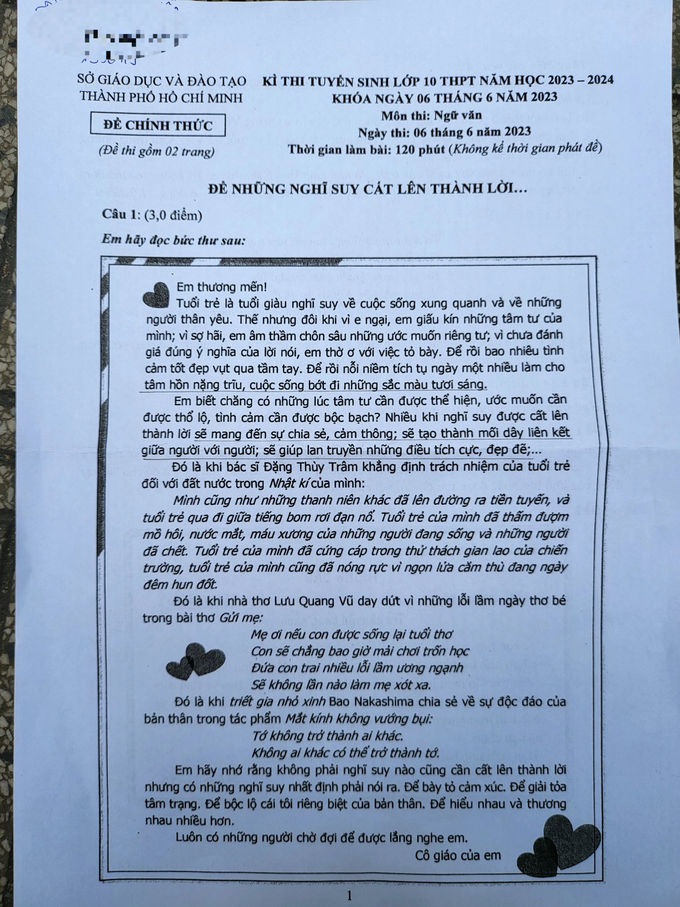 Đáp án gợi ý môn văn thi vào lớp 10 TPHCM-1