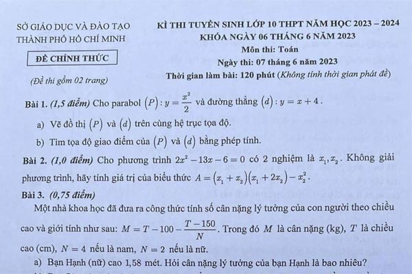 Đề Thi Môn Toán Vào Lớp 10 Tại TP.HCM Năm 2023