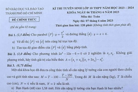 Đề thi môn Toán vào lớp 10 tại TP.HCM năm 2023