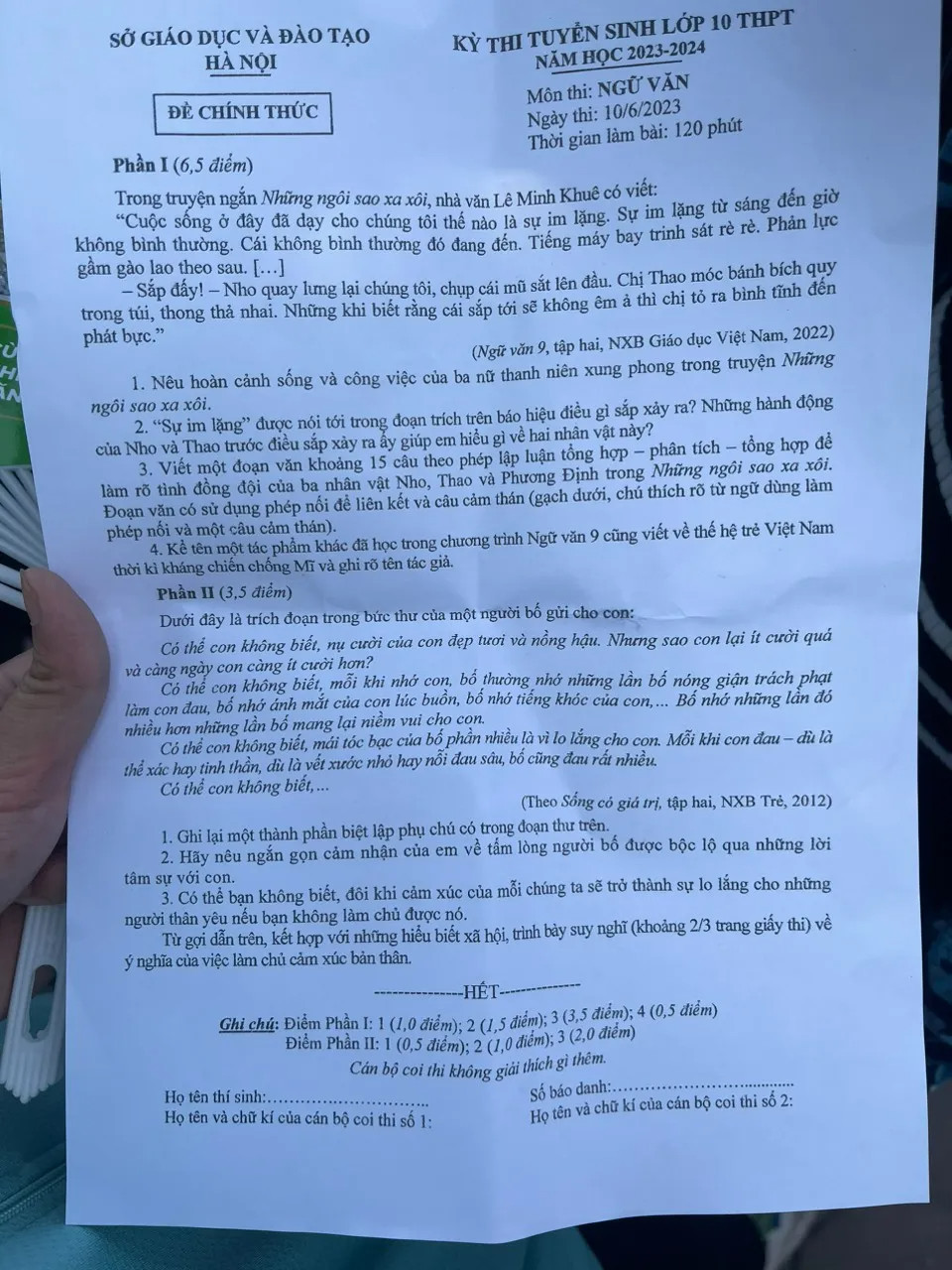 Những ngôi sao xa xôi vào đề thi môn Ngữ văn lớp 10 Hà Nội năm 2023-1