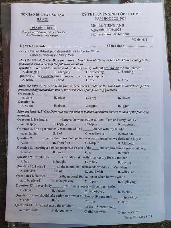 Đề Tiếng Anh thi vào lớp 10 Hà Nội năm 2023-1