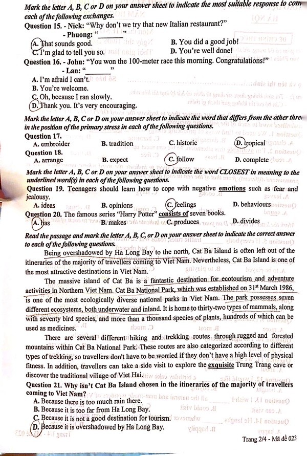 Đáp án gợi ý môn Tiếng Anh thi lớp 10 ở Hà Nội năm 2023-2