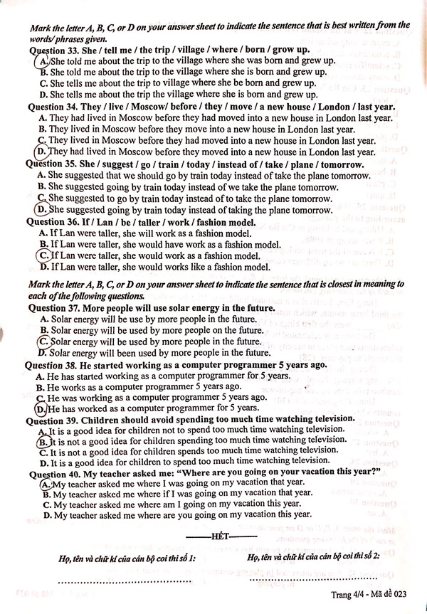 Đáp án gợi ý môn Tiếng Anh thi lớp 10 ở Hà Nội năm 2023-4
