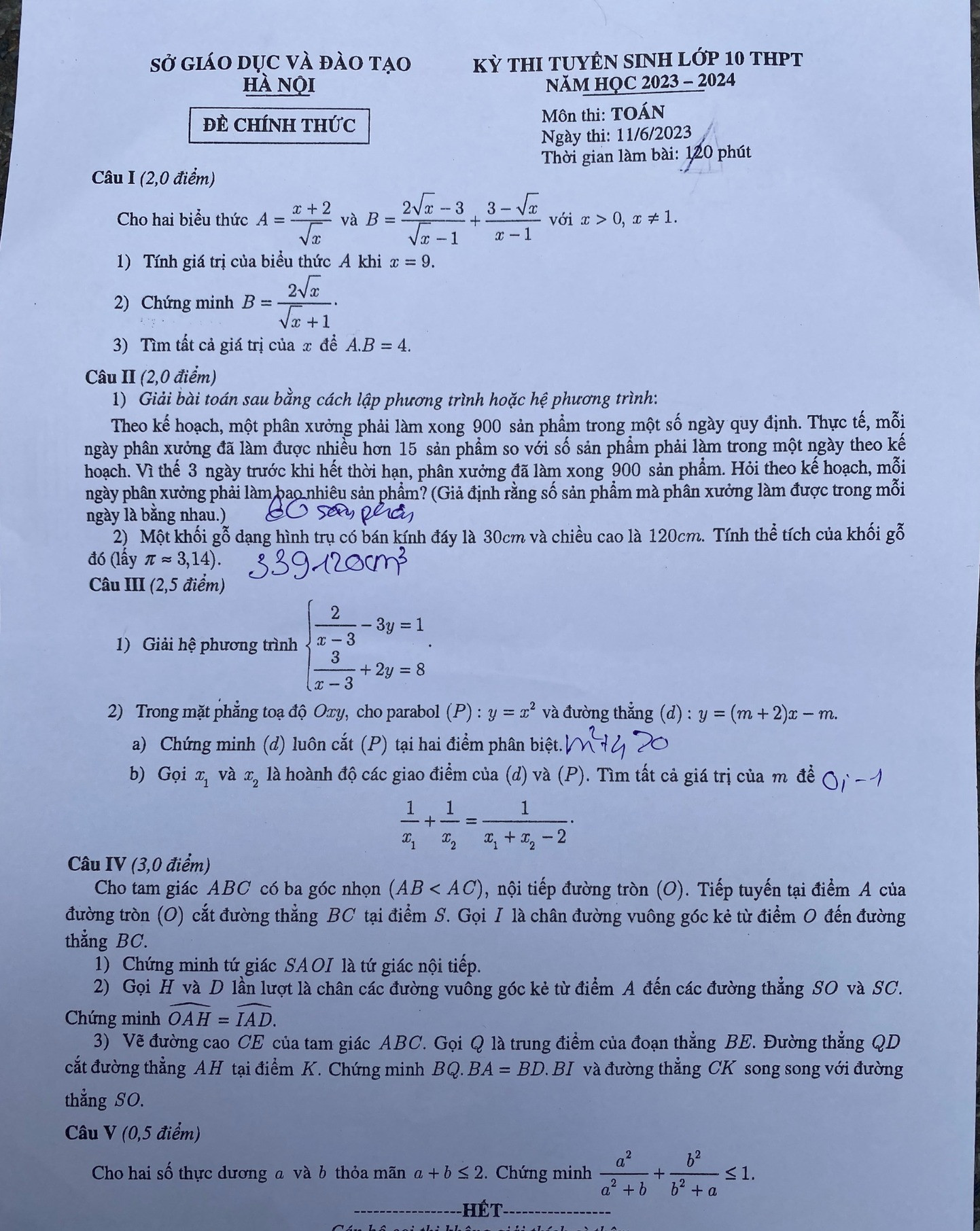 Đề thi môn Toán vào lớp 10 của Hà Nội năm 2023-1