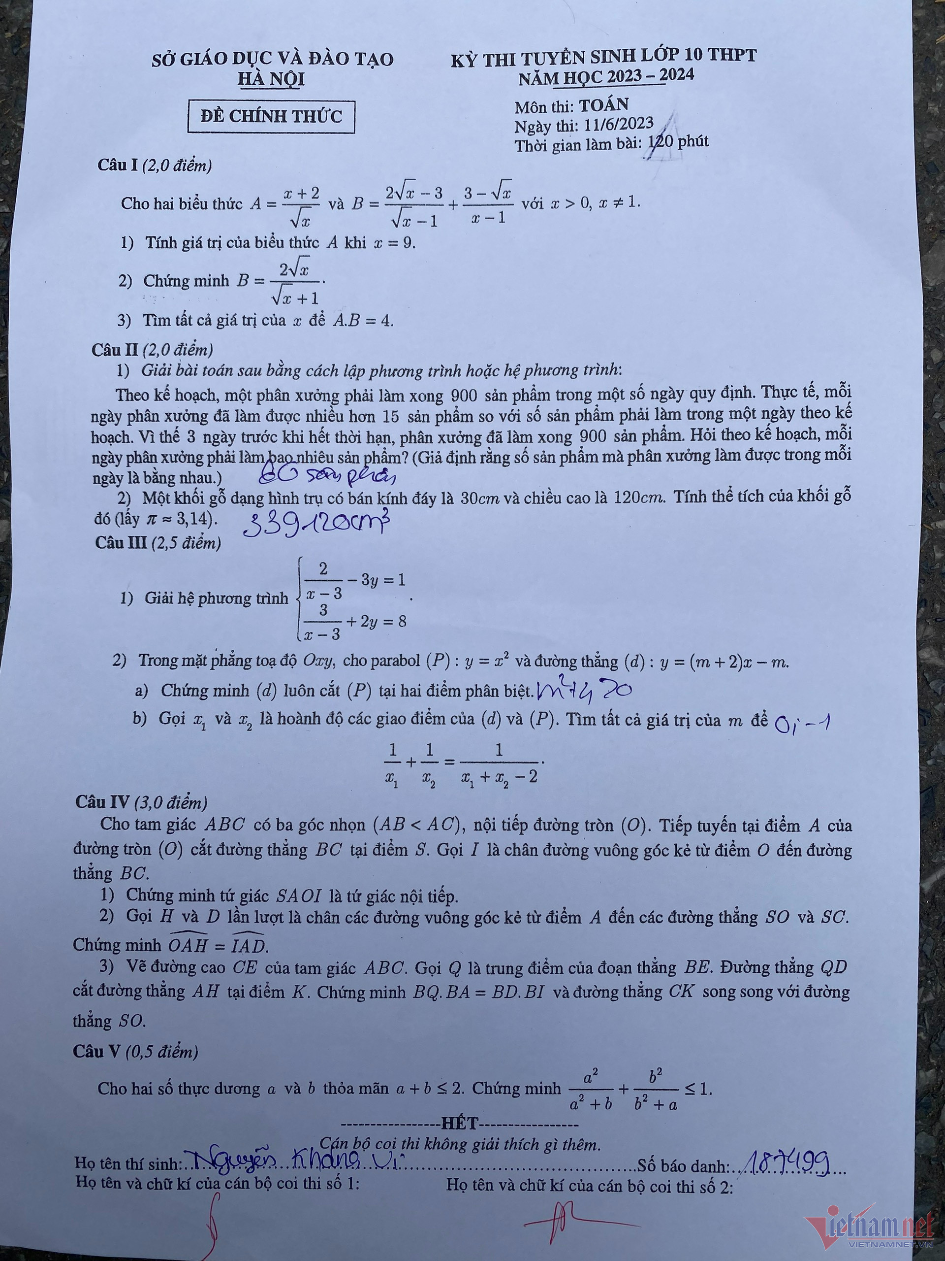 Đáp án tham khảo môn Toán thi lớp 10 ở Hà Nội năm 2023-1