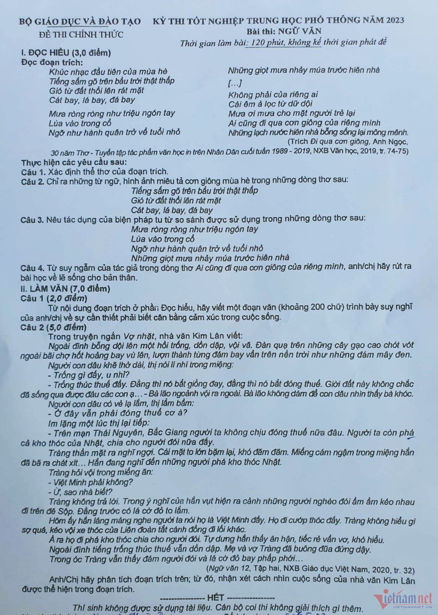 Đáp án tham khảo môn Ngữ văn thi tốt nghiệp THPT 2023-1
