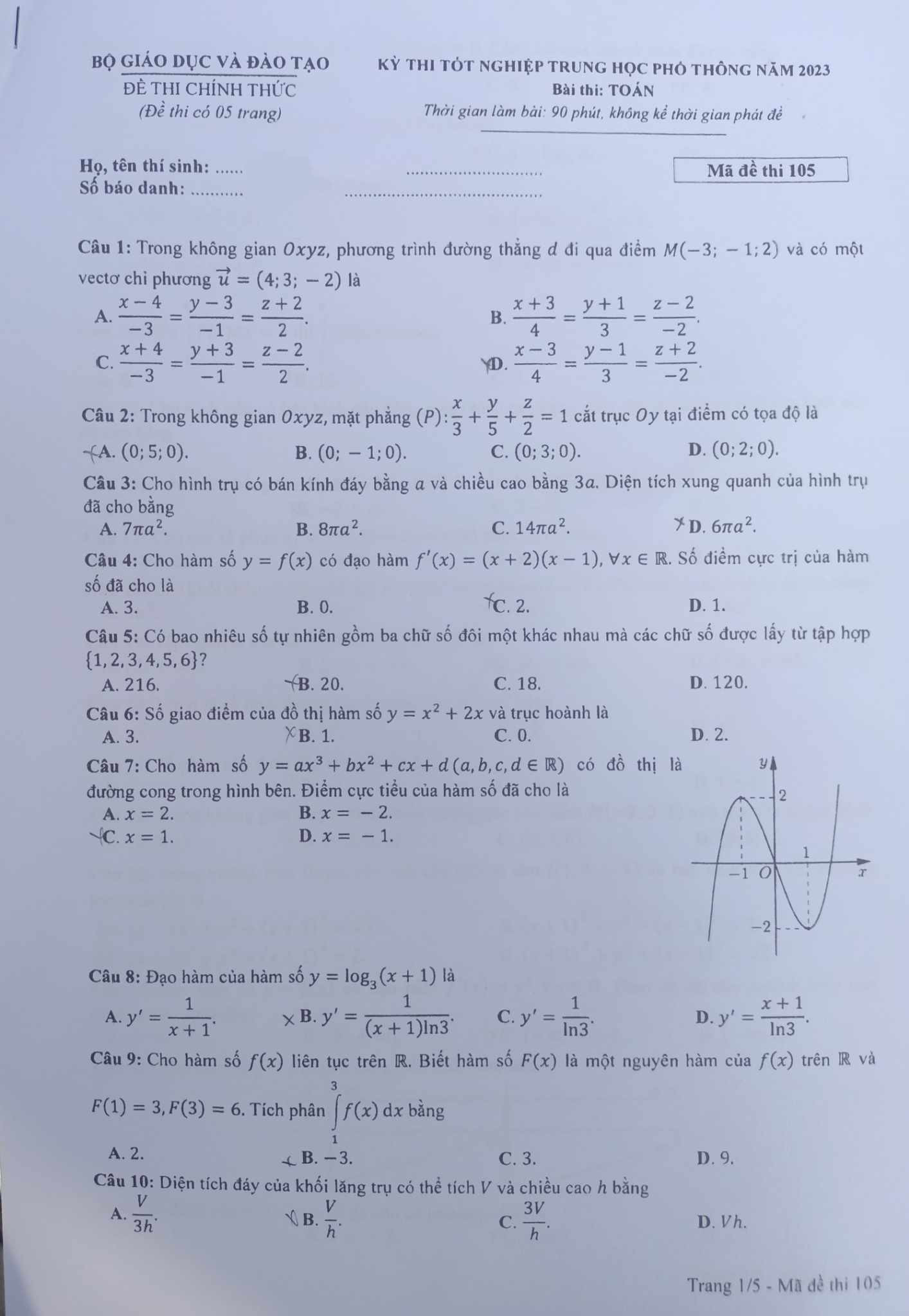 Đề thi môn Toán thi tốt nghiệp THPT 2023 chính thức-1