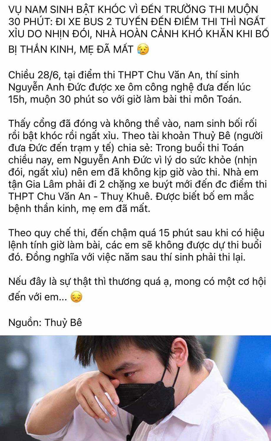 Sự thật vụ nam sinh mồ côi mẹ, ngất xỉu trên đường đi thi Toán ở Hà Nội-1