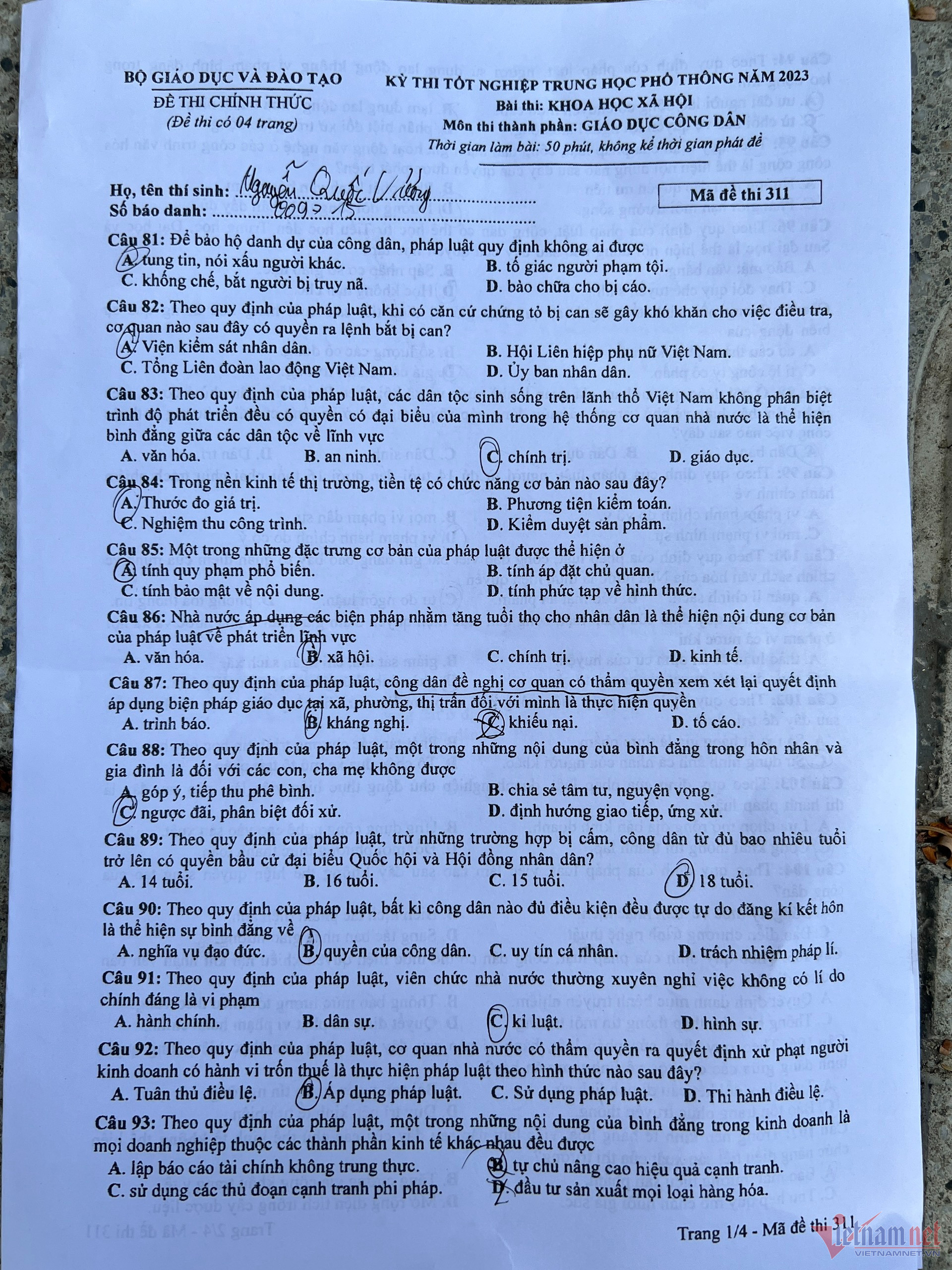Đề thi chính thức môn Giáo dục công dân thi tốt nghiệp THPT 2023-1
