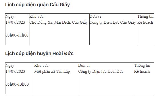 Lịch cúp điện hôm nay tại Hà Nội ngày 14/07/2023-6