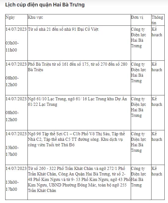 Lịch cúp điện hôm nay tại Hà Nội ngày 14/07/2023-3