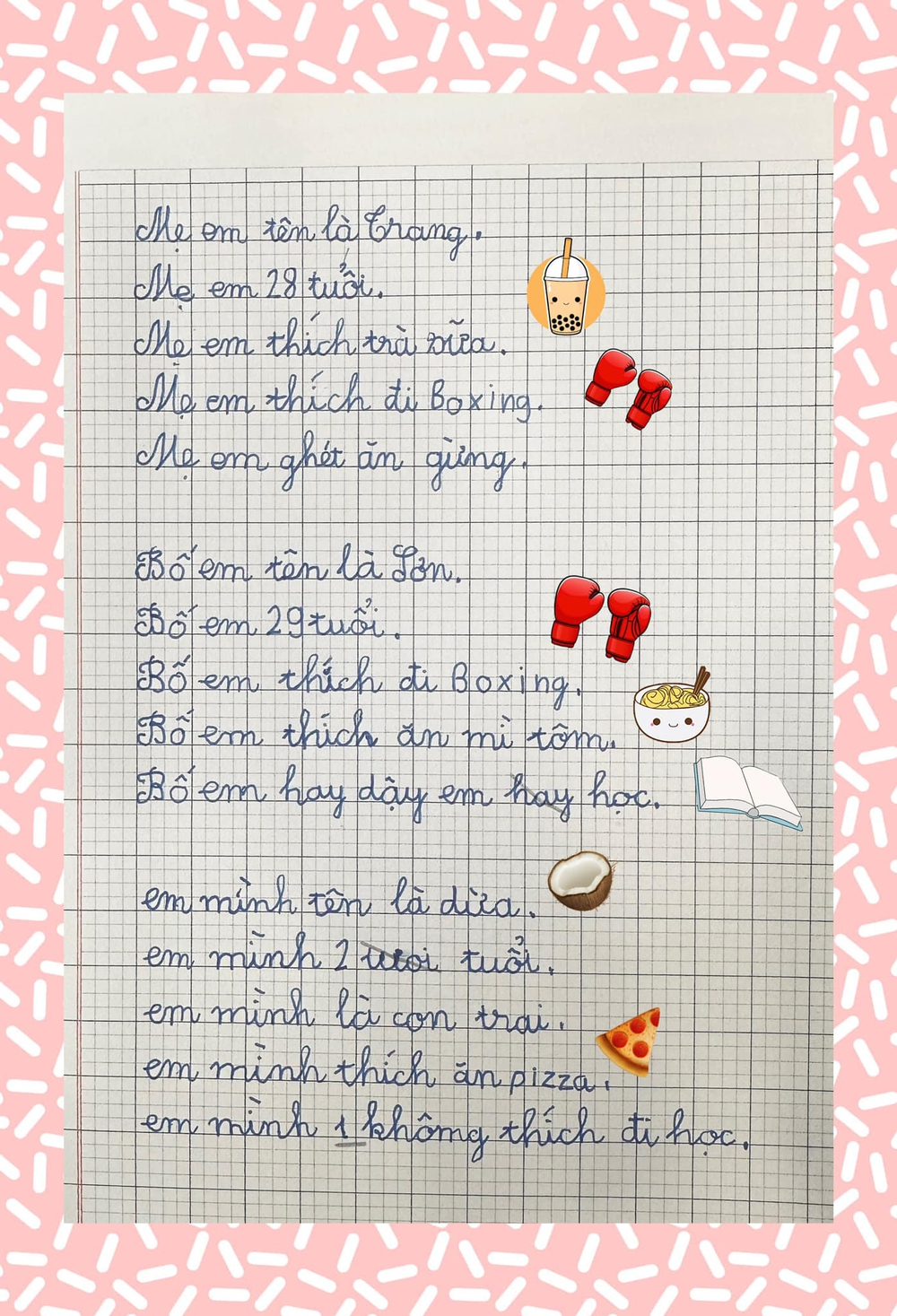 Cậu bé lớp 1 viết văn tả mẹ tập boxing, bố ăn mì tôm, đọc câu kết dân tình ôm bụng cười-1