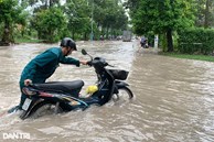 Đường biến thành 'sông', người dân tranh thủ thả lưới bắt cá