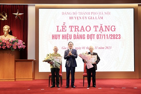 Chủ tịch HĐND Thành phố Nguyễn Ngọc Tuấn trao Huy hiệu Đảng tại huyện Gia Lâm