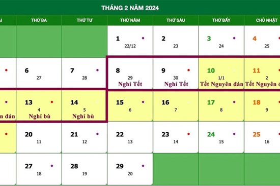 Lịch nghỉ tết Nguyên đán 2024 chính thức, từ 29/12 Âm lịch