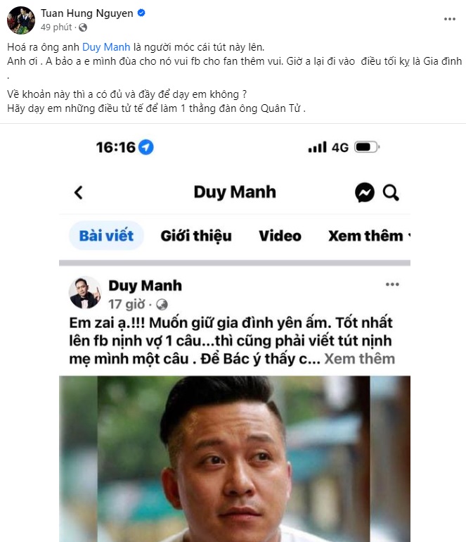 Được Duy Mạnh dạy dỗ chuyện giữ gia đình êm ấm, Tuấn Hưng phản ứng gắt: Anh đã phạm vào điều tối kị-1