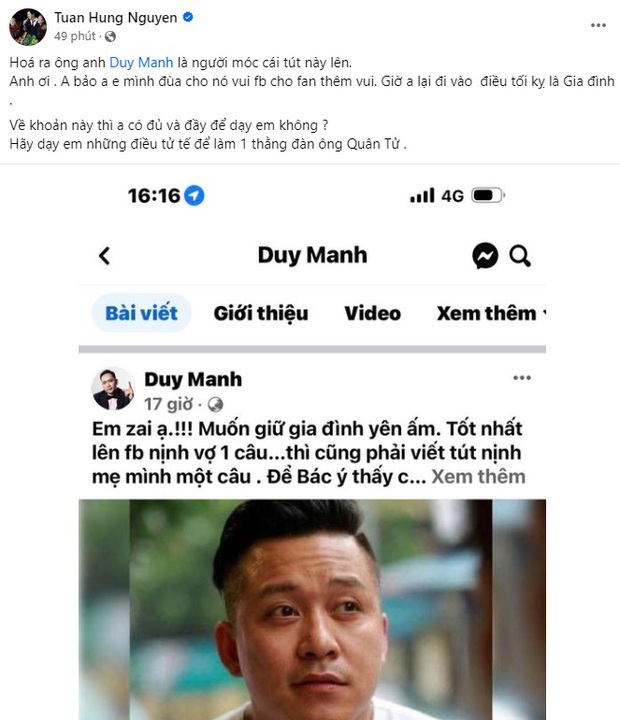 Tuấn Hưng đăng đàn tuyên bố nước sông không phạm nước giếng với Duy Mạnh sau khi bị dạy dỗ chuyện gia đình-1