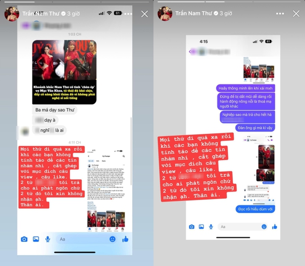 Nam Thư bức xúc lên tiếng khi bị tố chèn ép vợ Mạc Văn Khoa trên thảm đỏ: Đừng để bị dắt mũi, tỉnh táo lên-1