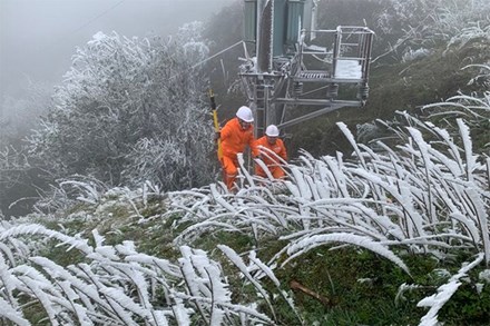 Công nhân Điện lực Lạng Sơn tăng cường nhân lực vận hành lưới điện dưới băng giá