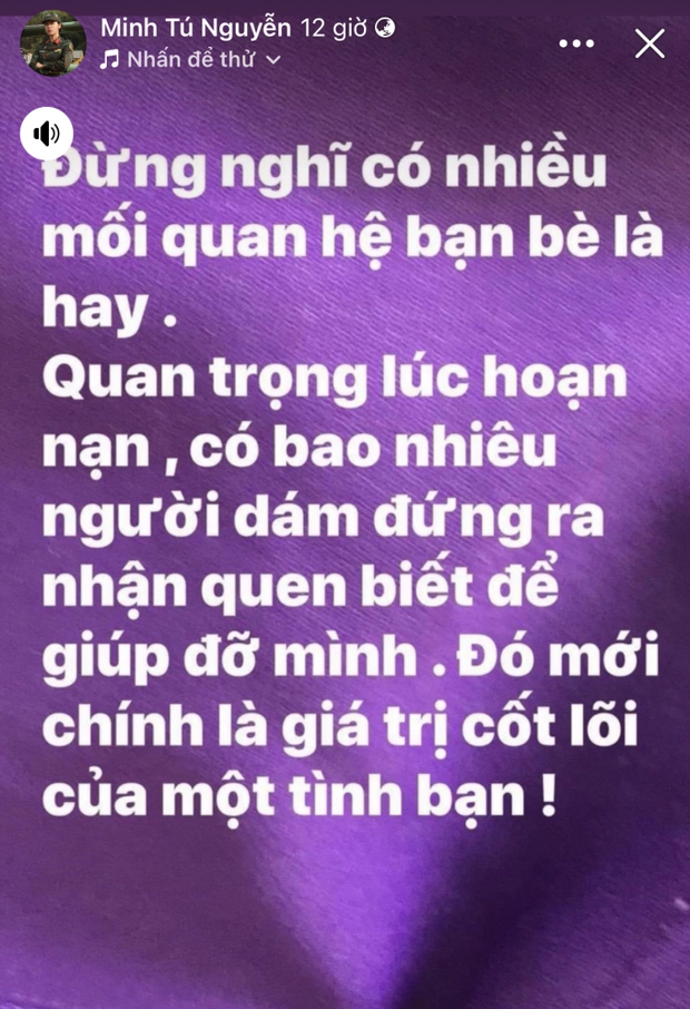 Minh Tú đăng đàn ẩn ý: Đừng nghĩ nhiều bạn là hay, quan trọng lúc hoạn nạn bao nhiêu người giúp đỡ-1