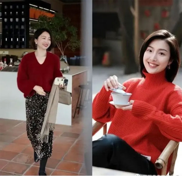 Phối đồ với áo len đỏ cho phụ nữ trung niên-1