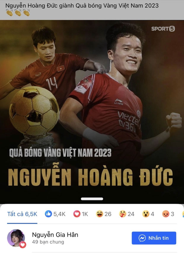 Tình cũ có động thái gây chú ý khi Hoàng Đức giành Quả bóng vàng Việt Nam 2023-1