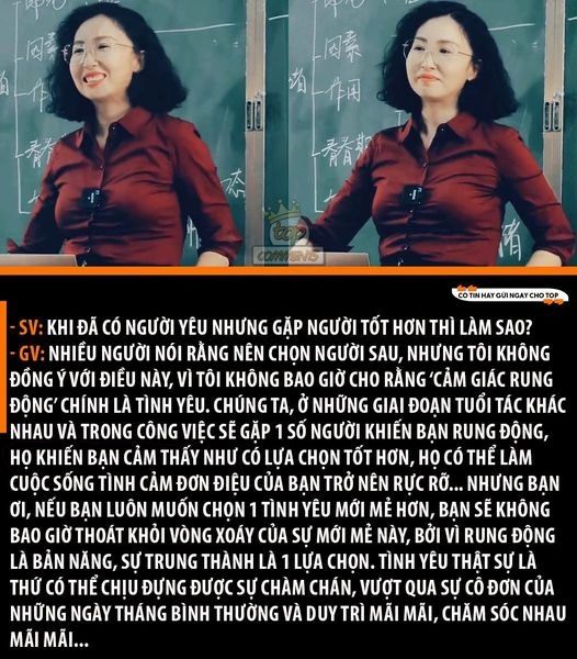 Câu trả lời xuất sắc của cô giáo hút like MXH cho câu hỏi Khi đã có người yêu hoặc chồng nhưng gặp người tốt hơn thì phải làm sao?”.-1