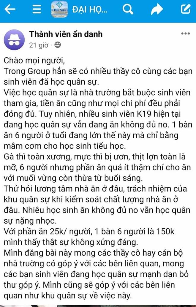 Bữa cơm không đủ no của sinh viên đi học Quốc phòng: Giám đốc ĐH Huế nói gì?-1
