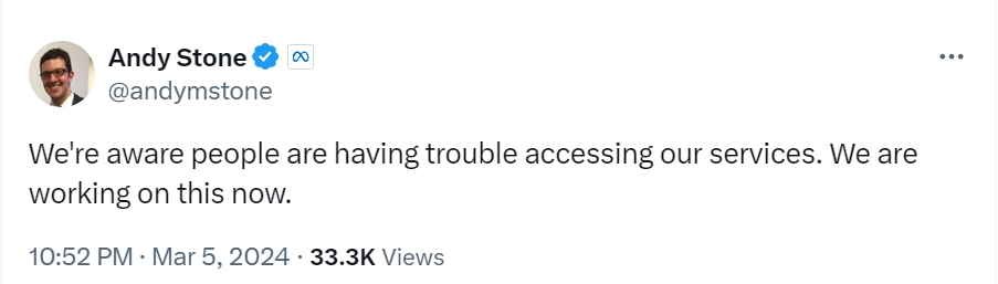 Facebook bị sập trên toàn cầu, Giám đốc truyền thông của Meta phải lên Twitter xác nhận lỗi-1