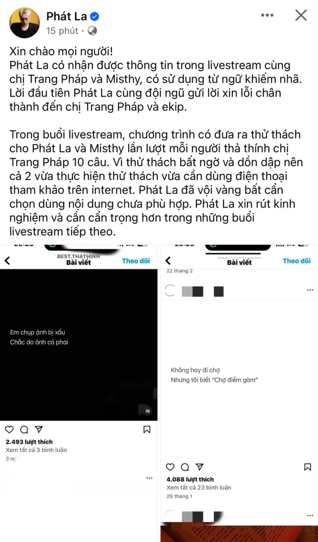 Phát La xin lỗi Trang Pháp sau phát ngôn khiếm nhã trên sóng livestream-1