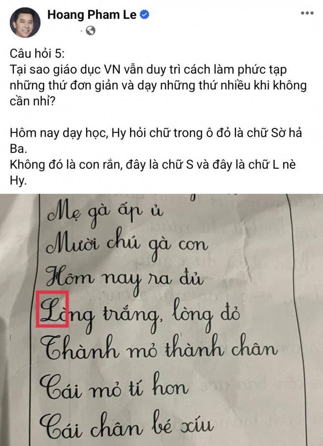 Lê Hoàng (The Men) dạy con chữ L viết hoa là con rắn, gây tranh cãi vì lời nhận xét về giáo dục Việt Nam-2