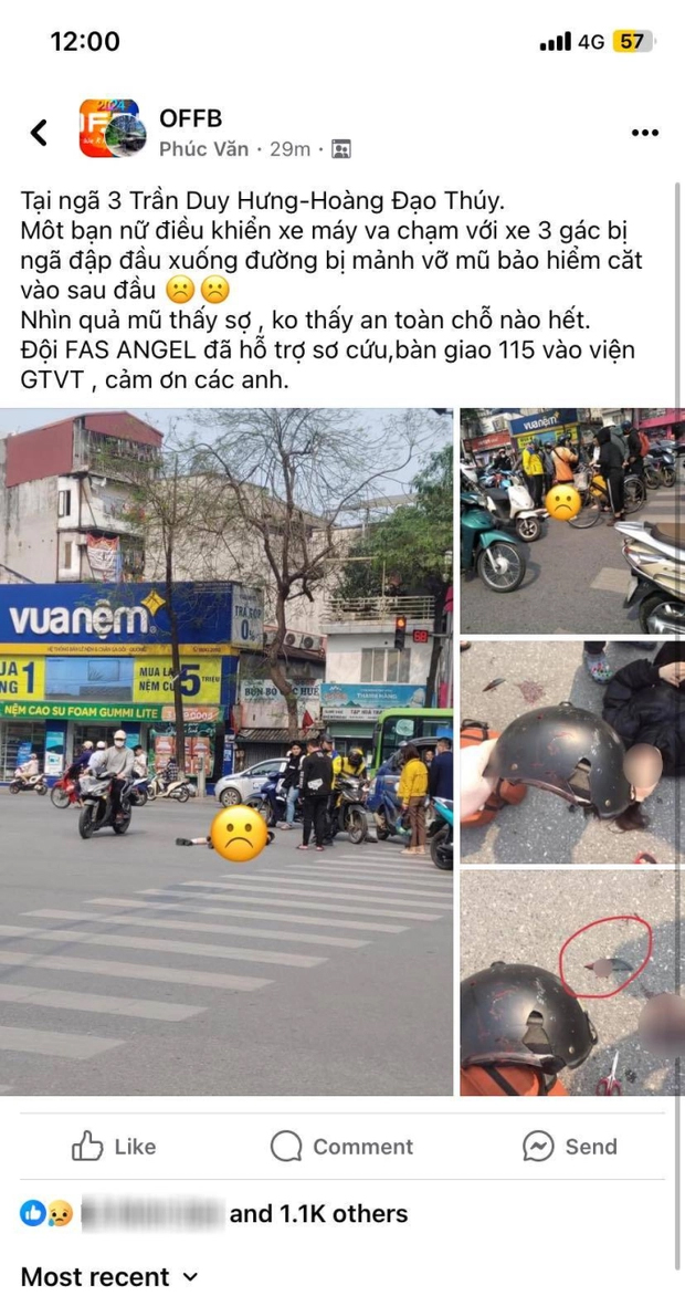 Cô gái ở Hà Nội bị mảnh vỡ của mũ bảo hiểm cắt vào đầu sau va chạm với xe ba gác-1