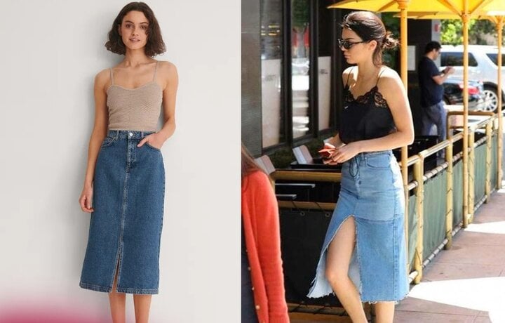 Cách phối đồ với chân váy jean dài-2