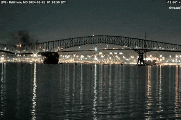 Clip: Khoảnh khắc cây cầu đổ sập xuống nước sau khi bị tàu đâm trúng