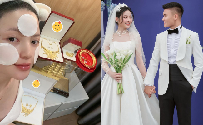 Chu Thanh Huyền flex tất cả số vàng nhận được ở đám cưới với Quang Hải, nhiều và nặng thế này bảo sao phải kêu cứu-1