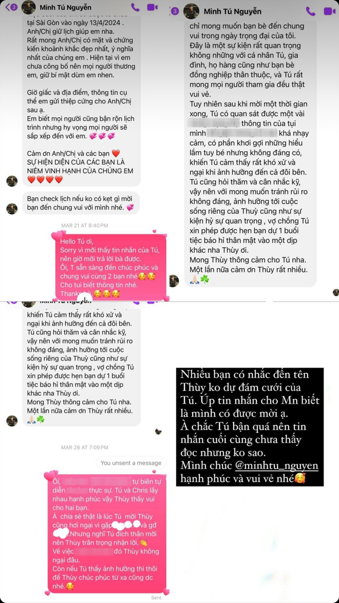 Hoàng Thùy công khai tin nhắn bị hủy mời đám cưới phút chót: Phía Minh Tú lên tiếng làm rõ các chi tiết-4