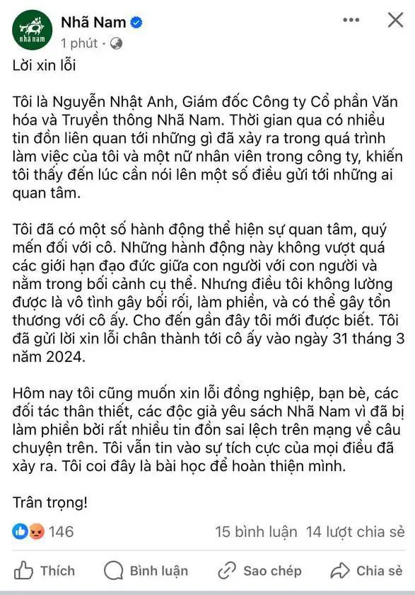 Giám đốc Nhã Nam bất ngờ lên tiếng xin lỗi một nữ nhân viên công ty trên Fanpage-1