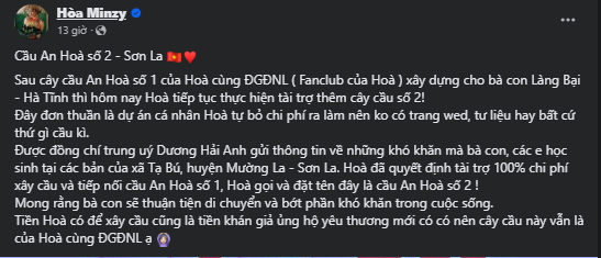Hòa Minzy bỏ ra 250 triệu đồng xây cầu tại bản Két, nhận bão lời khen từ netizen-1