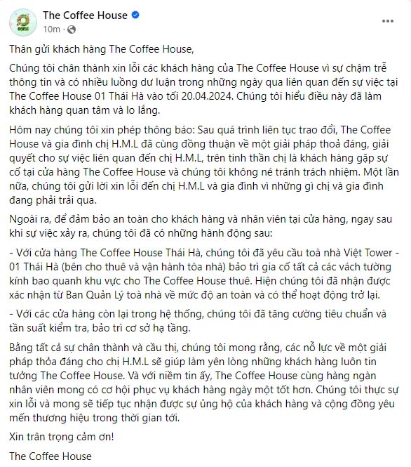 The Coffee House thông báo đã đồng thuận về một giải pháp thỏa đáng cho gia đình nữ bác sĩ bị kính rơi vào người-1