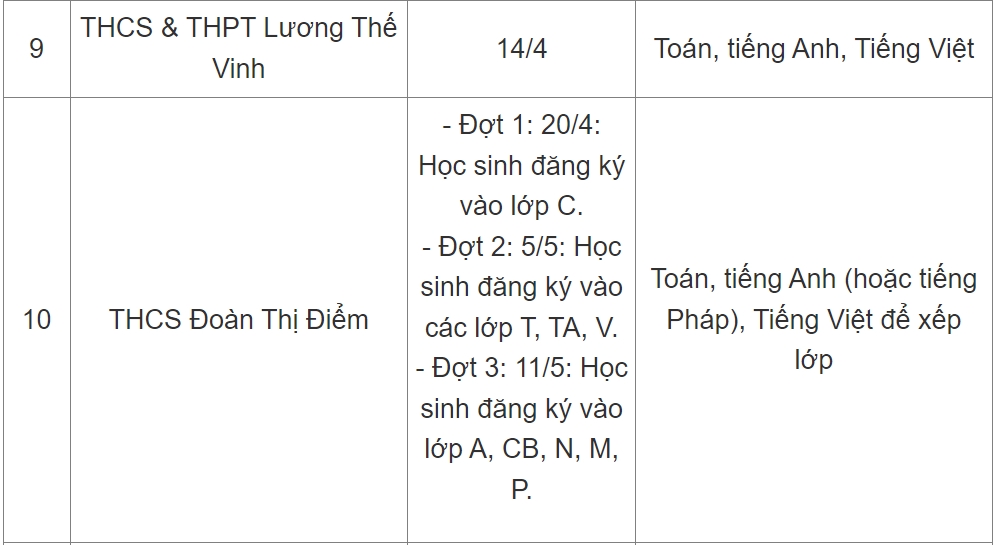 Lịch thi vào lớp 6 các trường THCS tại Hà Nội-2