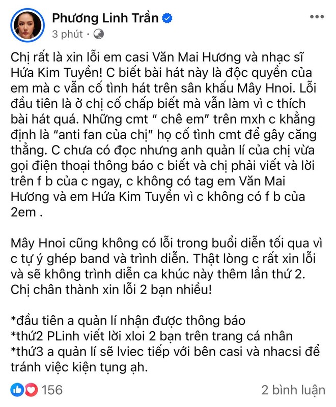Phương Linh cố tình hát hit độc quyền của Văn Mai Hương rồi xin lỗi-2