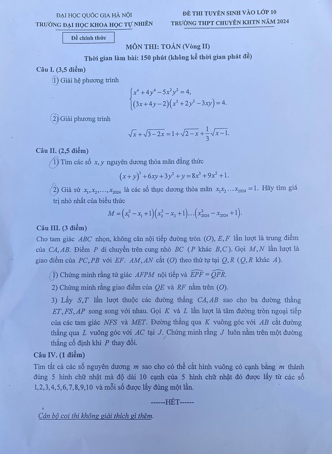 Đề thi Toán, Sinh học vào lớp 10 THPT chuyên Khoa học Tự nhiên Hà Nội-1