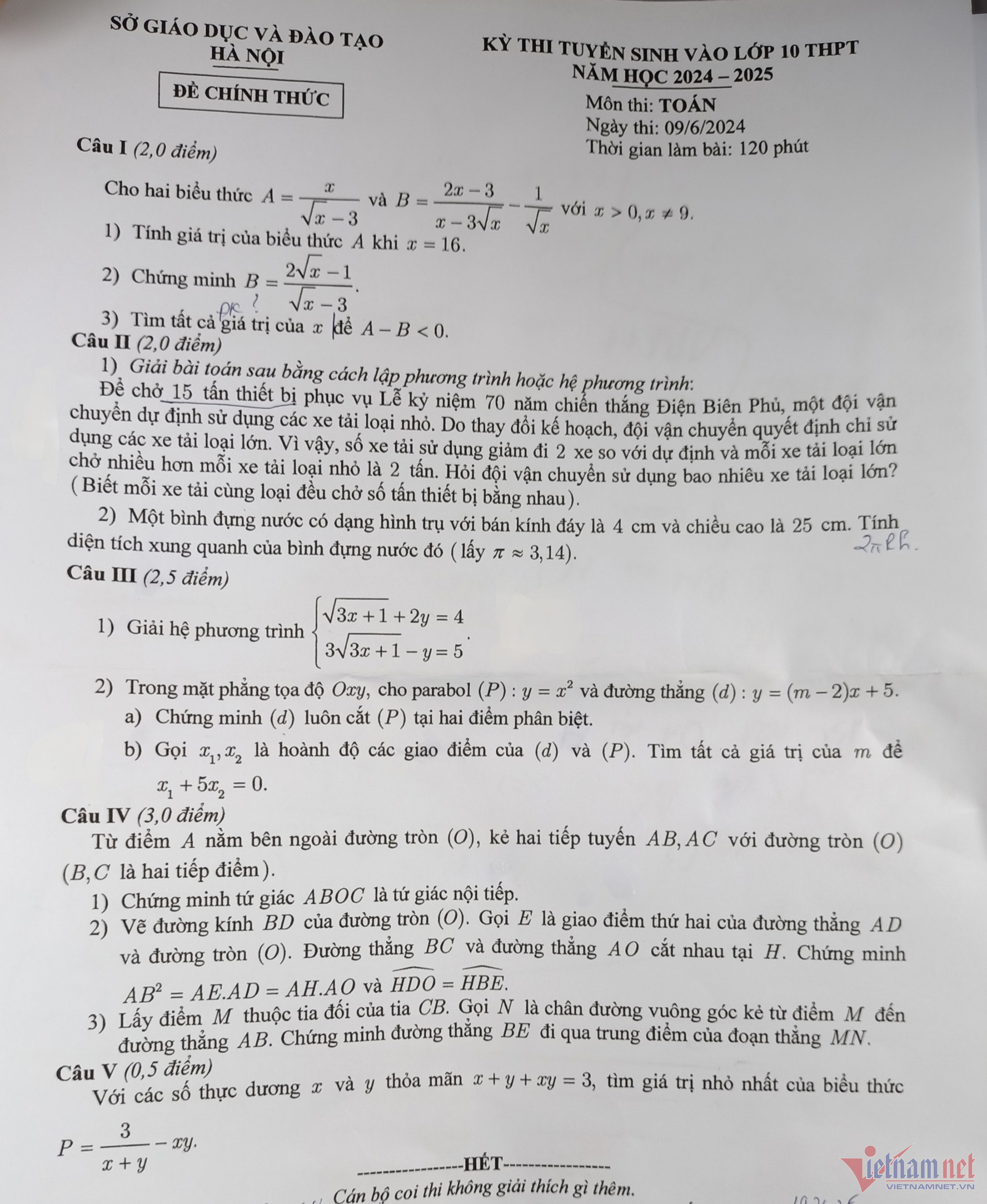 Đáp án tham khảo môn Toán thi lớp 10 Hà Nội năm 2024-1